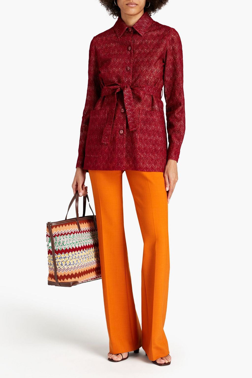 MISSONI Belted metallic crochet-knit jacket