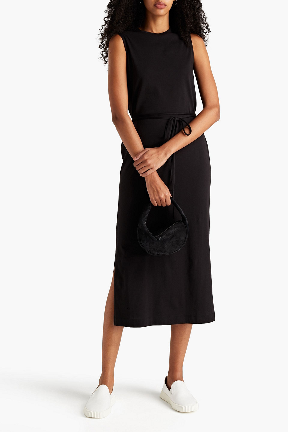 Vince Sleeveless Waist-tie Midi Slit Dress In Black