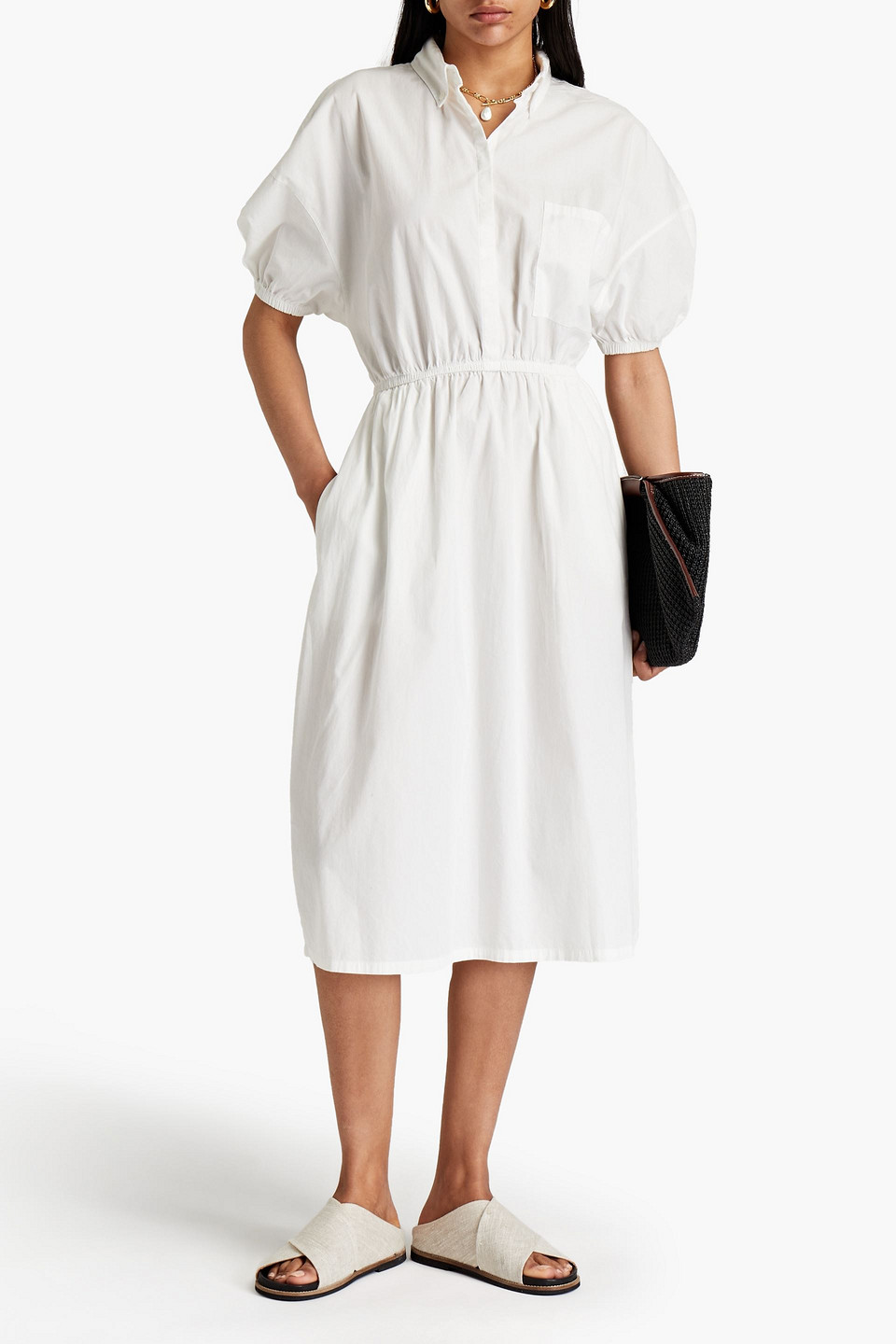 American Vintage Gathered Cotton Midi Shirt Dress In Off-white