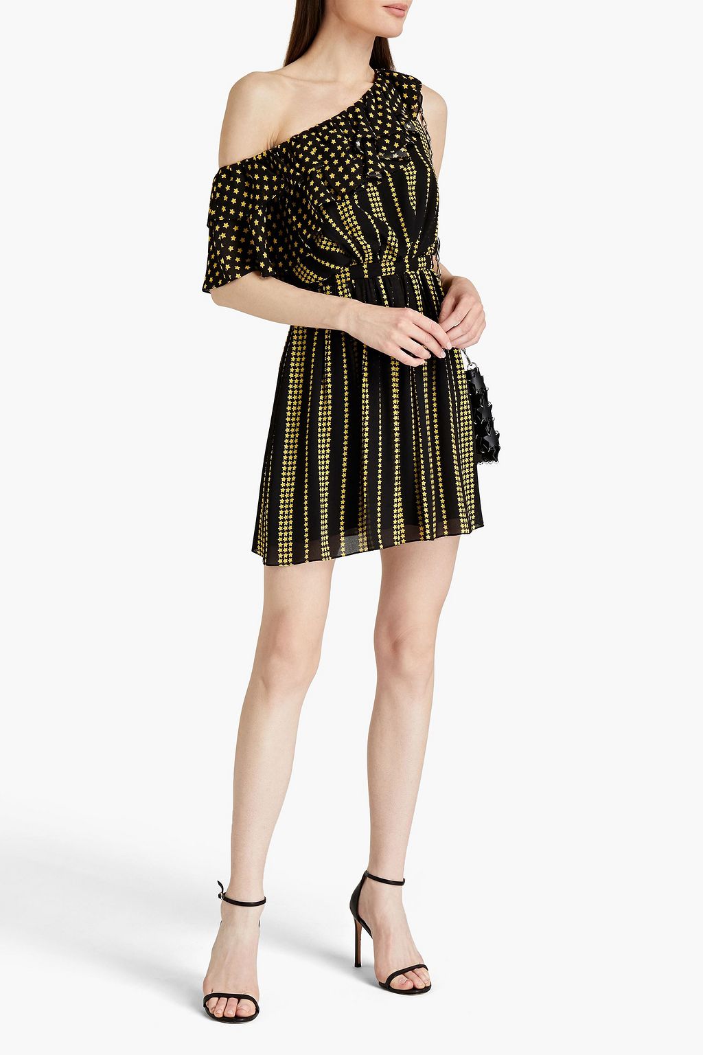 SAINT LAURENT One-shoulder gathered printed crepe mini dress