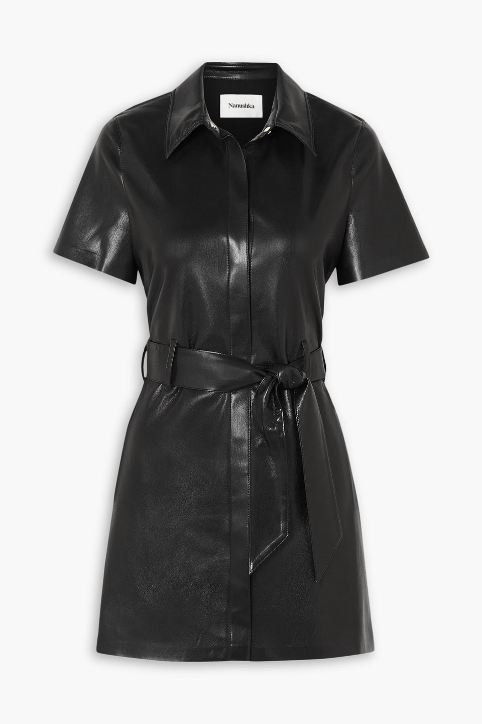 Shop Nanushka Halli Belted Vegan Leather Mini Shirt Dress In Black