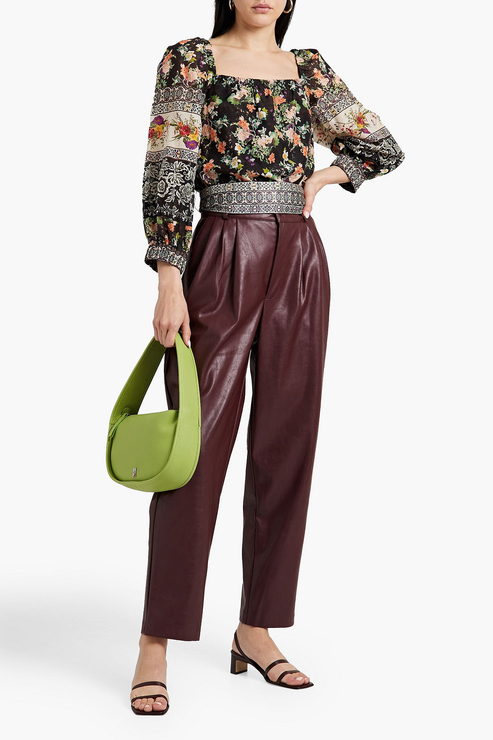 Alice And Olivia Clarabelle Print Tie Hem Cotton & Silk Blouse In Black