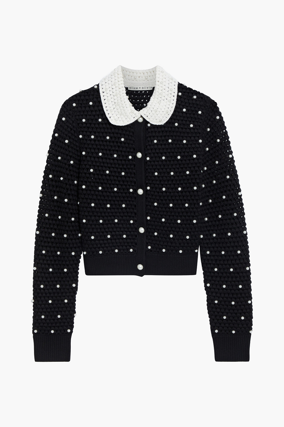 Alice And Olivia Collins Embellished Two-tone Crochet-knit Wool Cardigan In Black