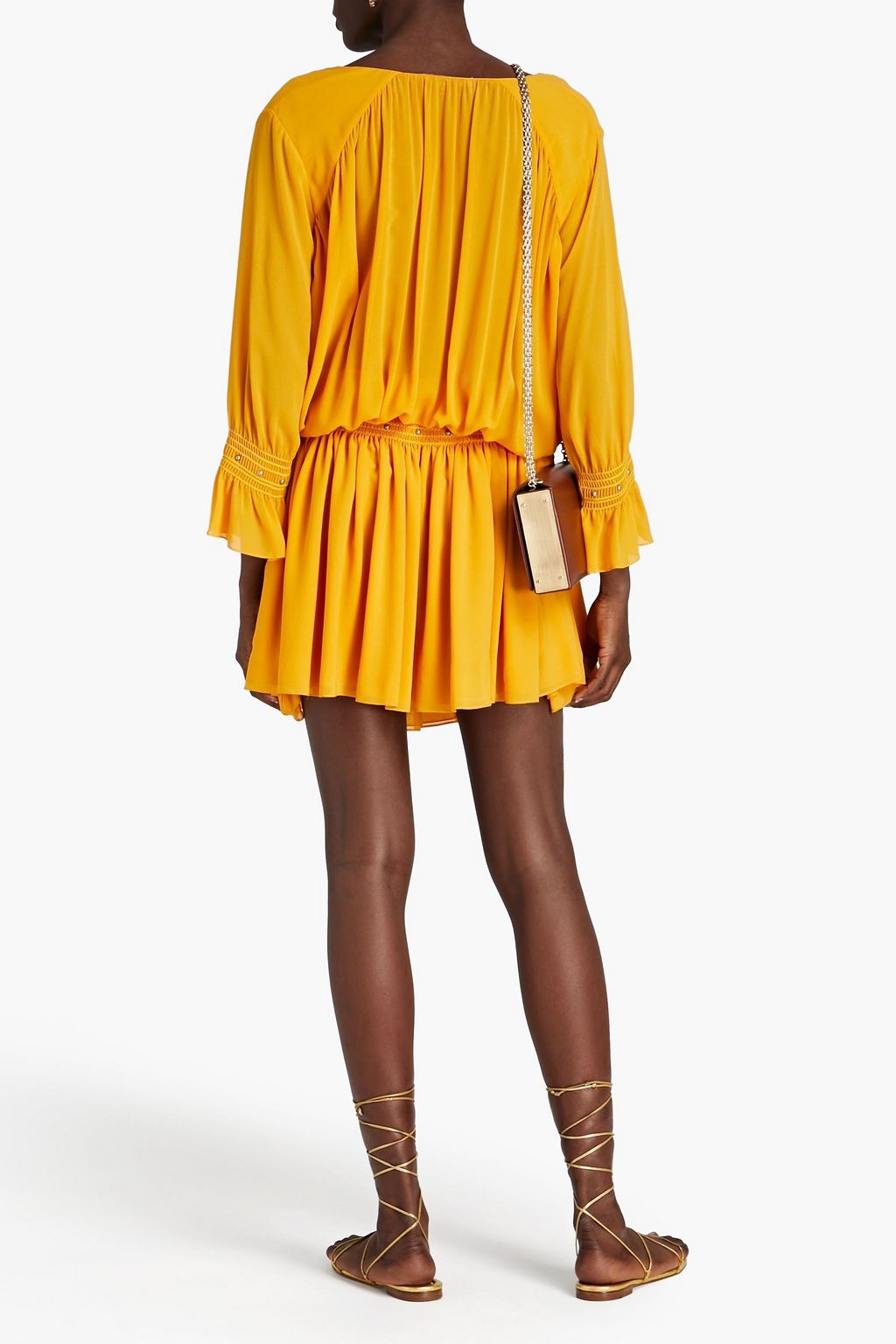 SAINT LAURENT Studded shirred silk-georgette mini dress