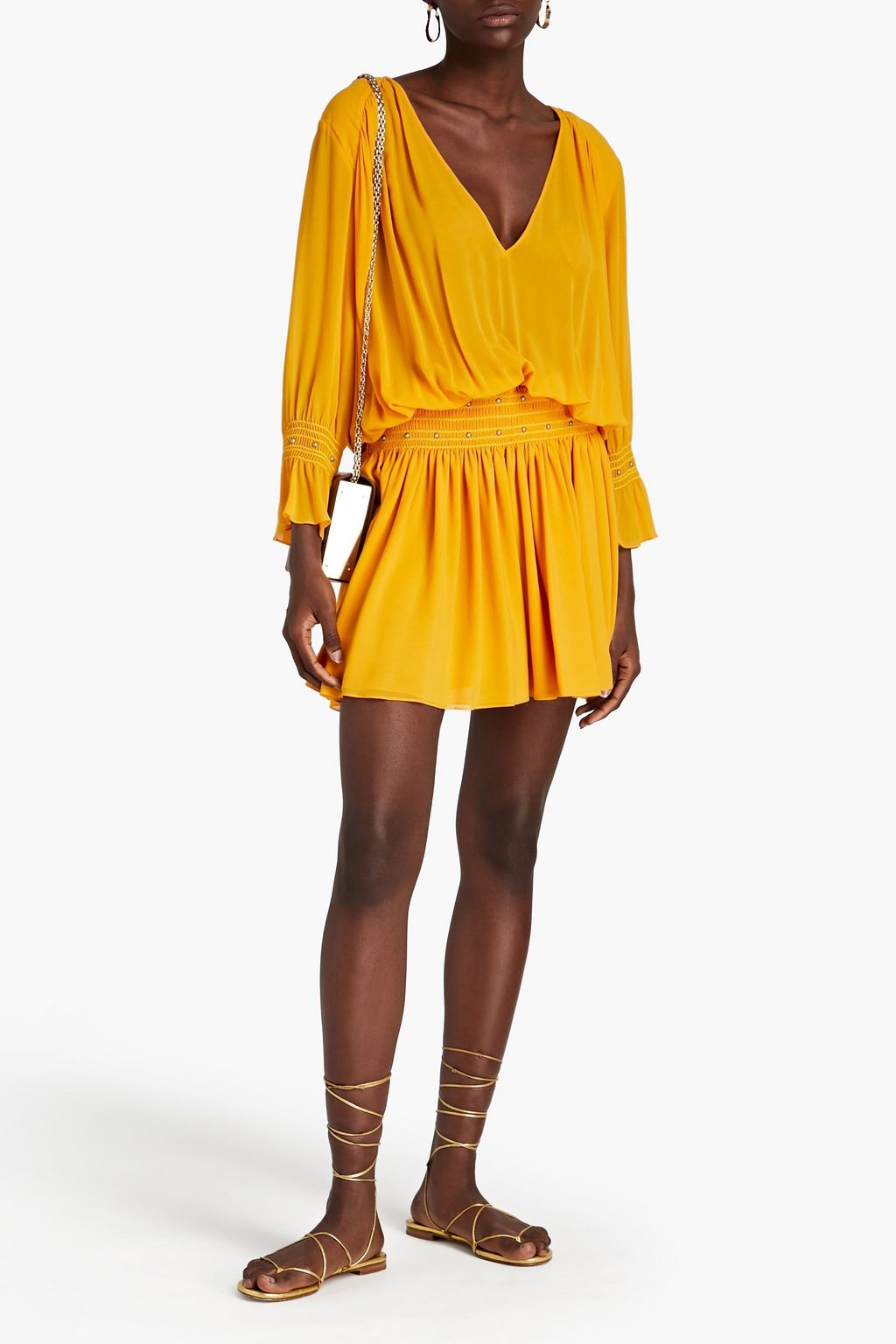 SAINT LAURENT Studded shirred silk-georgette mini dress