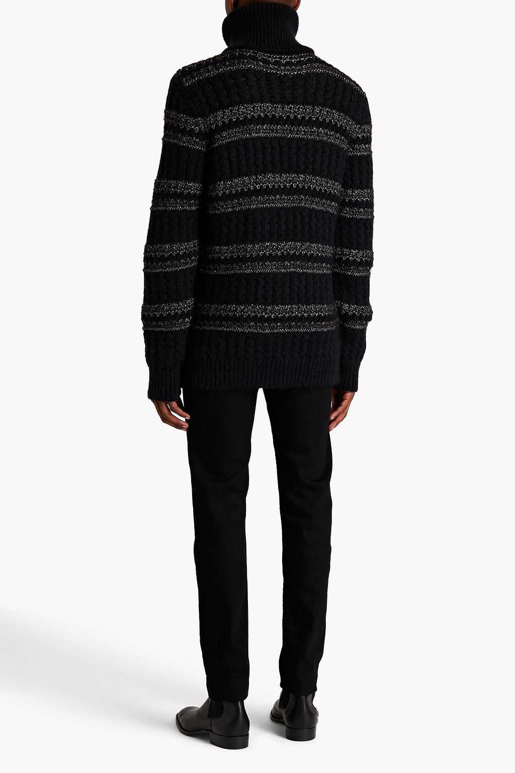 SAINT LAURENT Metallic ribbed pointelle-knit turtleneck sweater
