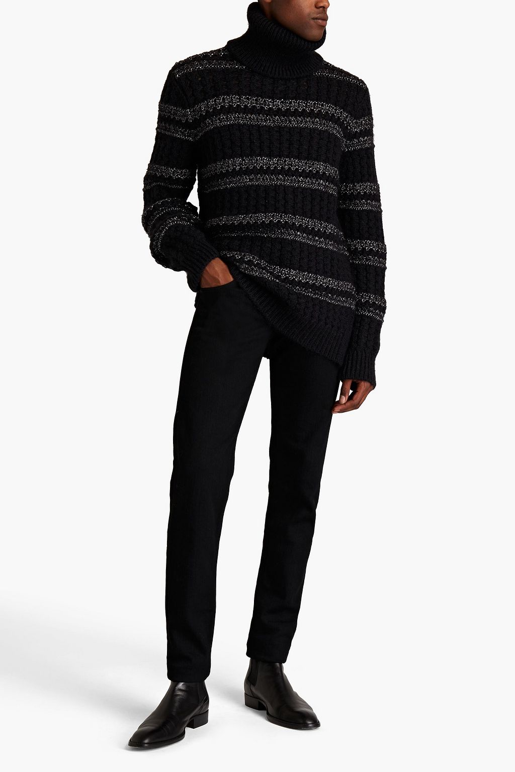 SAINT LAURENT Metallic ribbed pointelle-knit turtleneck sweater