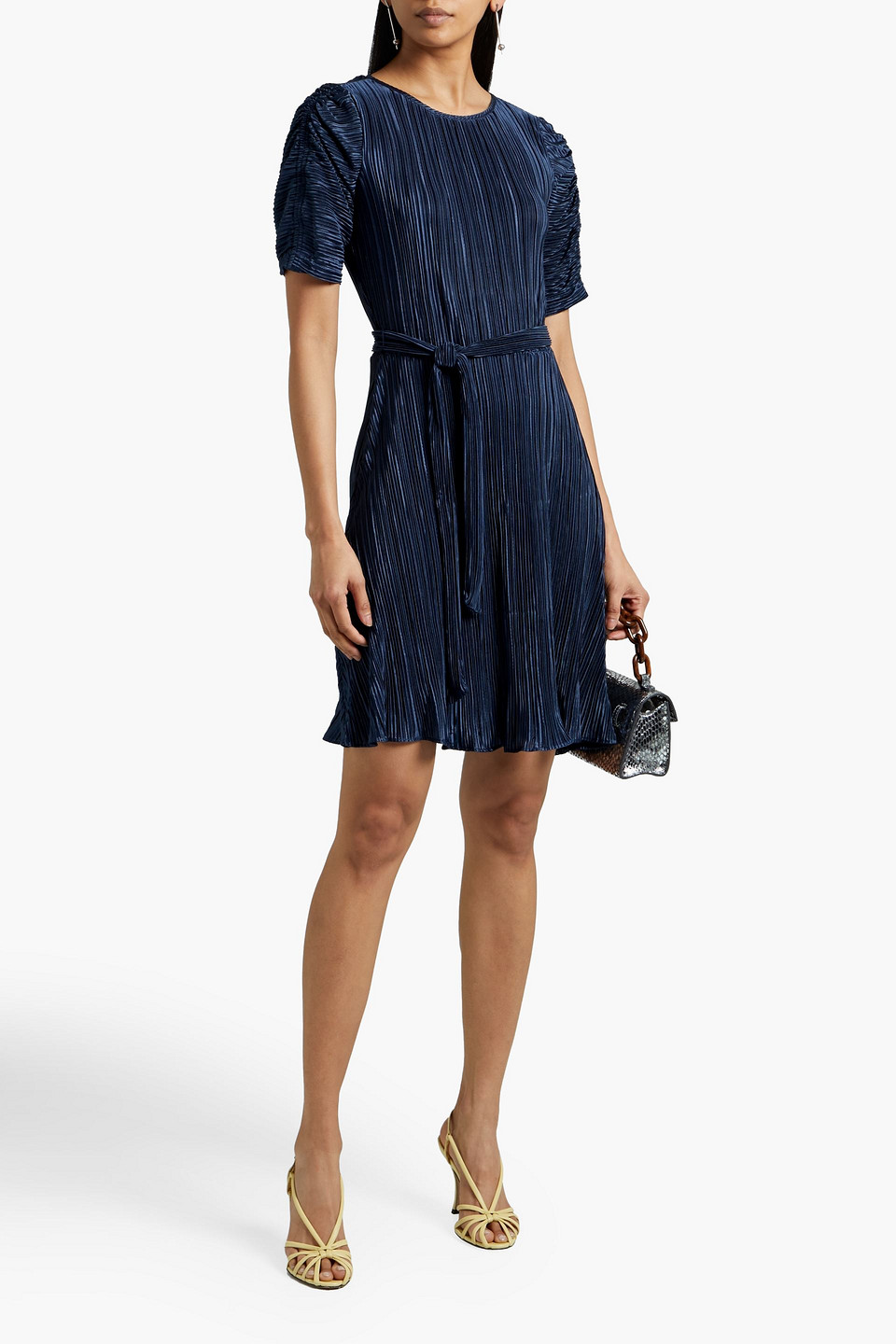 Dkny Belted Plissé-satin Dress In Navy