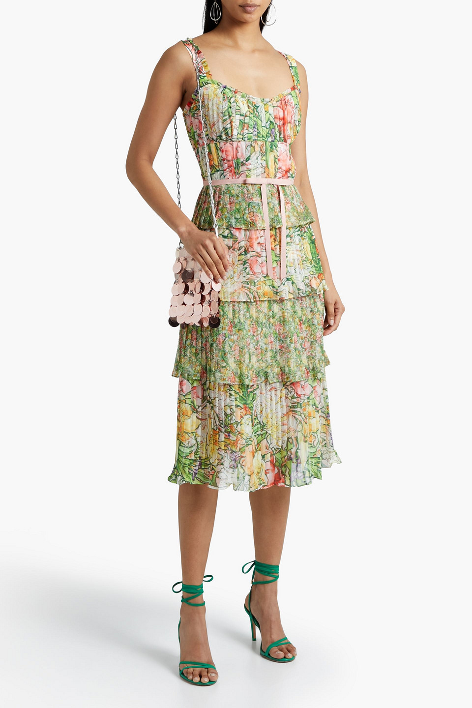 MARCHESA NOTTE TIERED FLORAL-PRINT CREPON MIDI DRESS,3074457345631250688