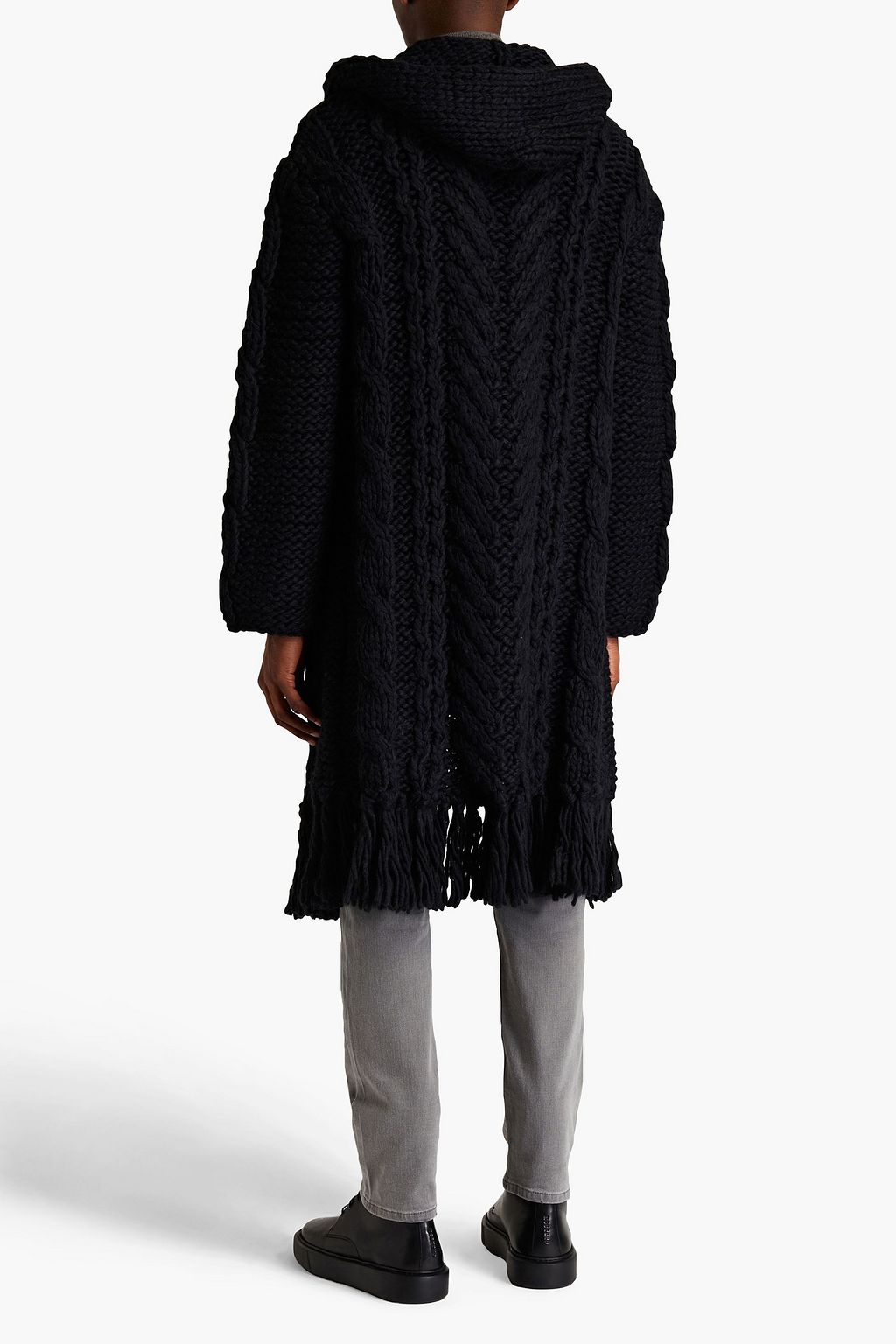 SAINT LAURENT Fringed cable-knit wool-blend hooded cardigan
