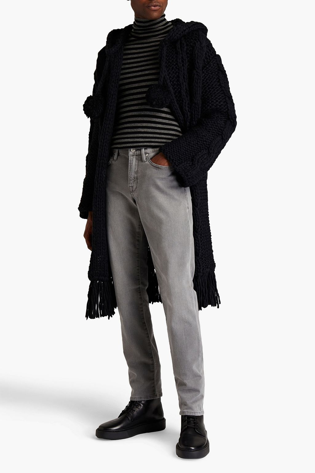 SAINT LAURENT Fringed cable-knit wool-blend hooded cardigan