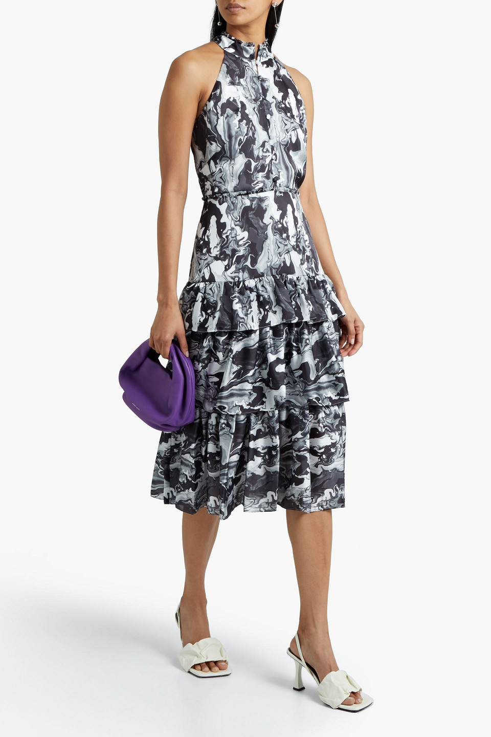 Marchesa Notte Tiered Printed Crepe De Chine Midi Dress In Black