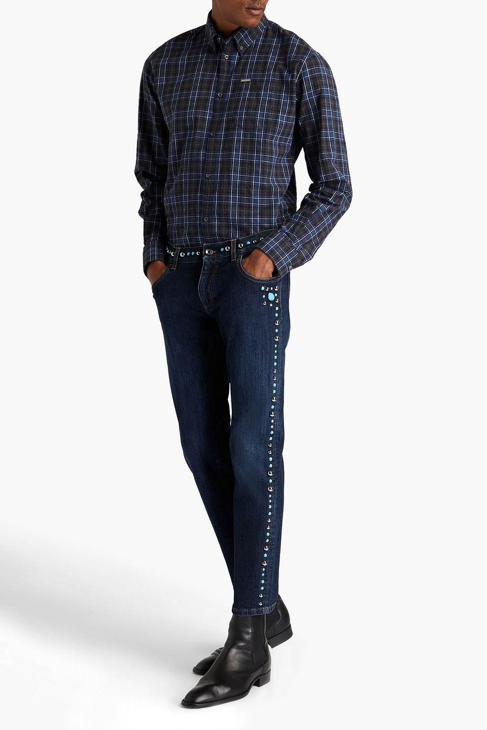 Dolce & Gabbana Skinny-fit Cropped Studded Denim Jeans In Dark Denim