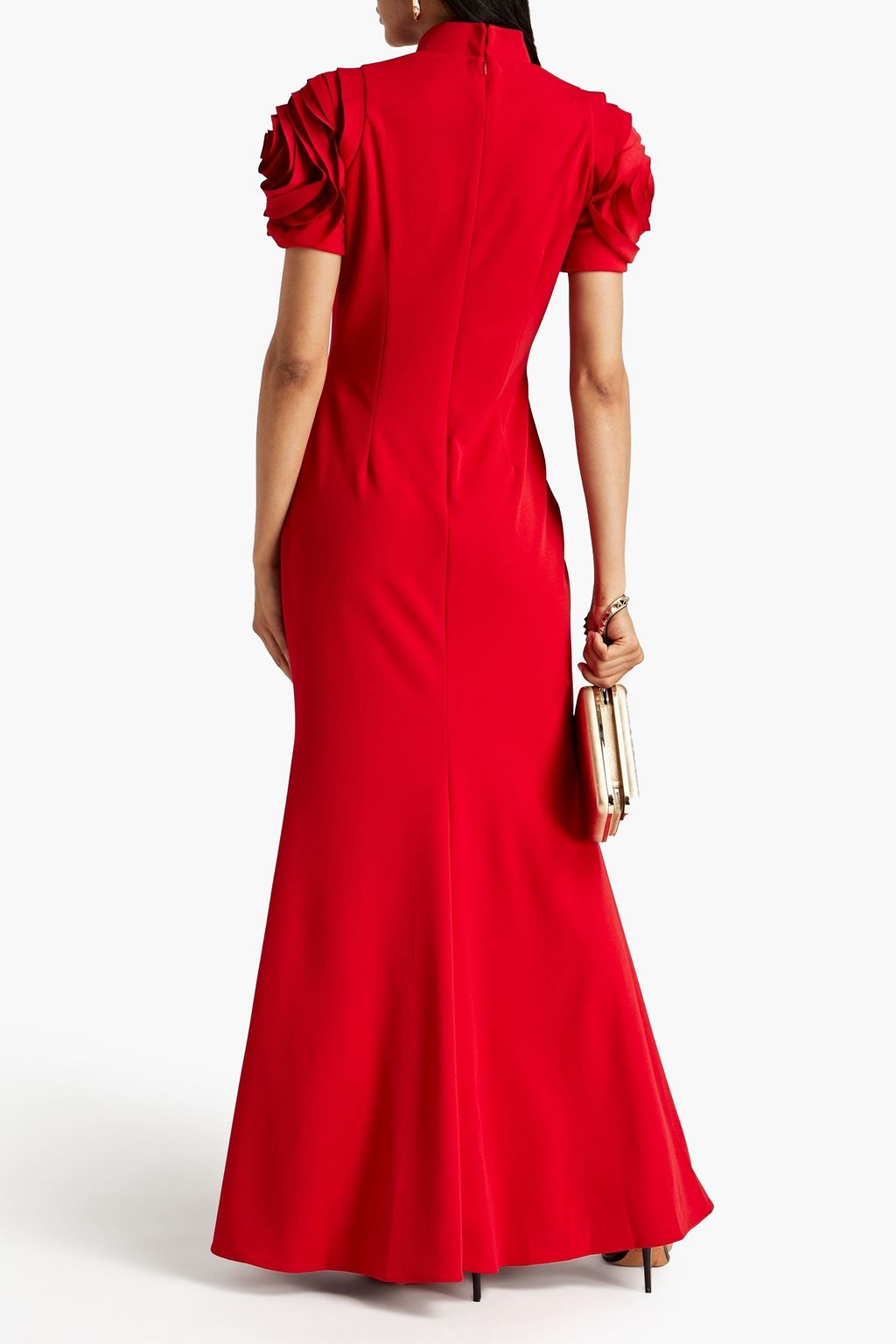 BADGLEY MISCHKA Floral-appliquéd stretch-crepe gown