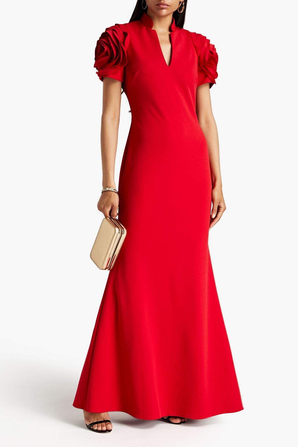BADGLEY MISCHKA Floral-appliquéd stretch-crepe gown