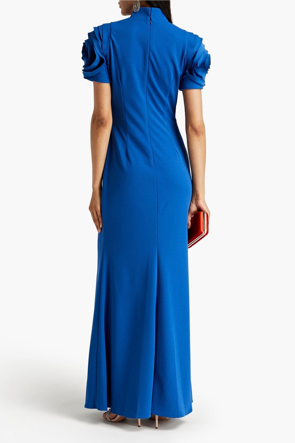 BADGLEY MISCHKA Floral-appliquéd stretch-crepe gown
