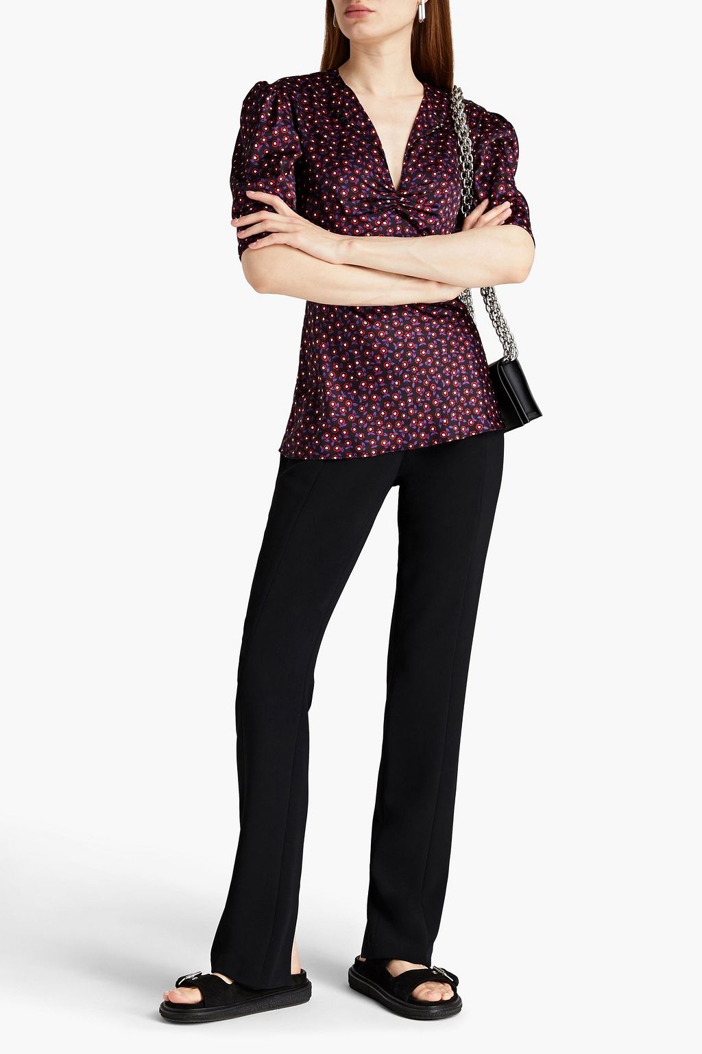 RABANNE Ruched floral-print satin top