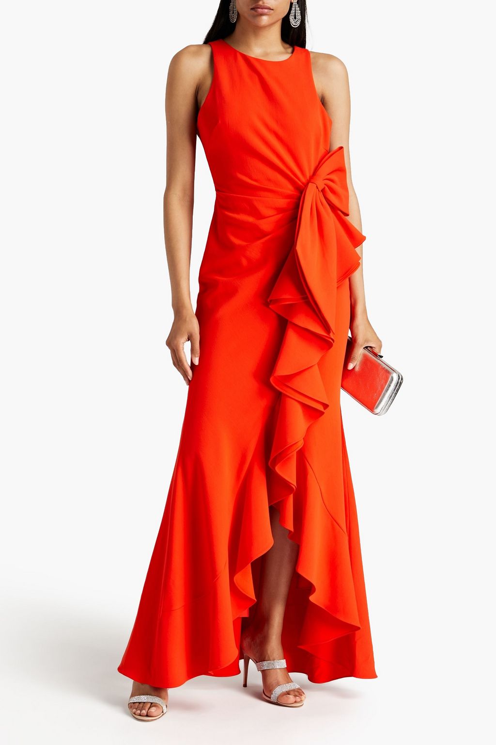 BADGLEY MISCHKA Bow-embellished ruffled crepe gown