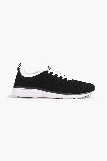 Perforated metallic stretch-knit sneakers