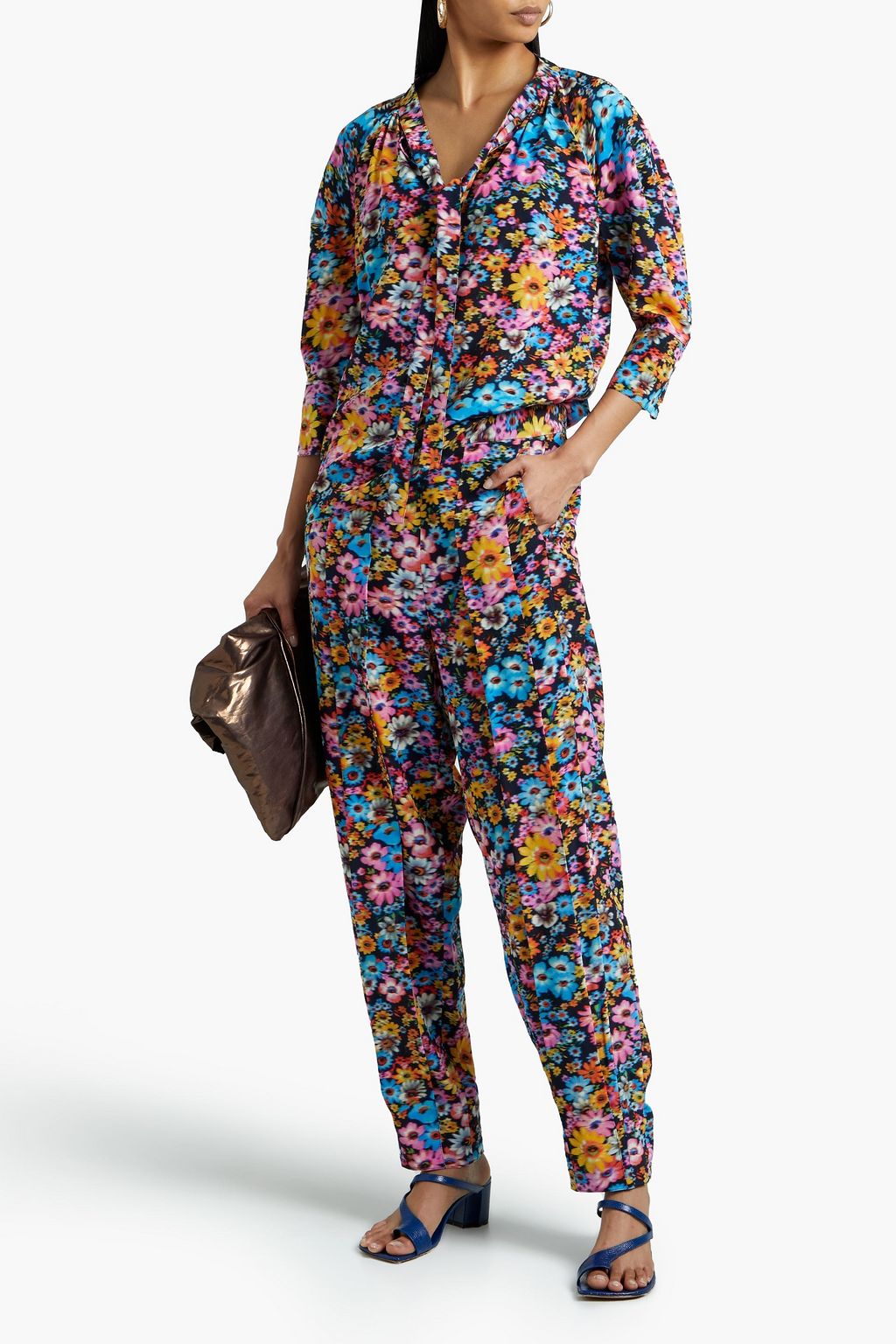 STELLA MCCARTNEY Pleated floral-print silk crepe de chine tapered pants