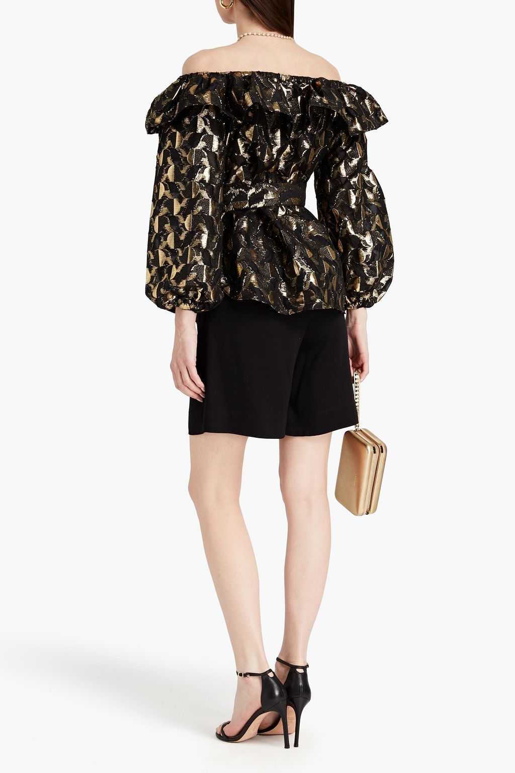 REBECCA VALLANCE Off-the-shoulder belted ruffled metallic jacquard top
