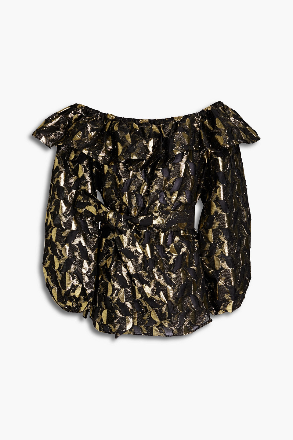 Off-the-shoulder belted ruffled metallic jacquard top
