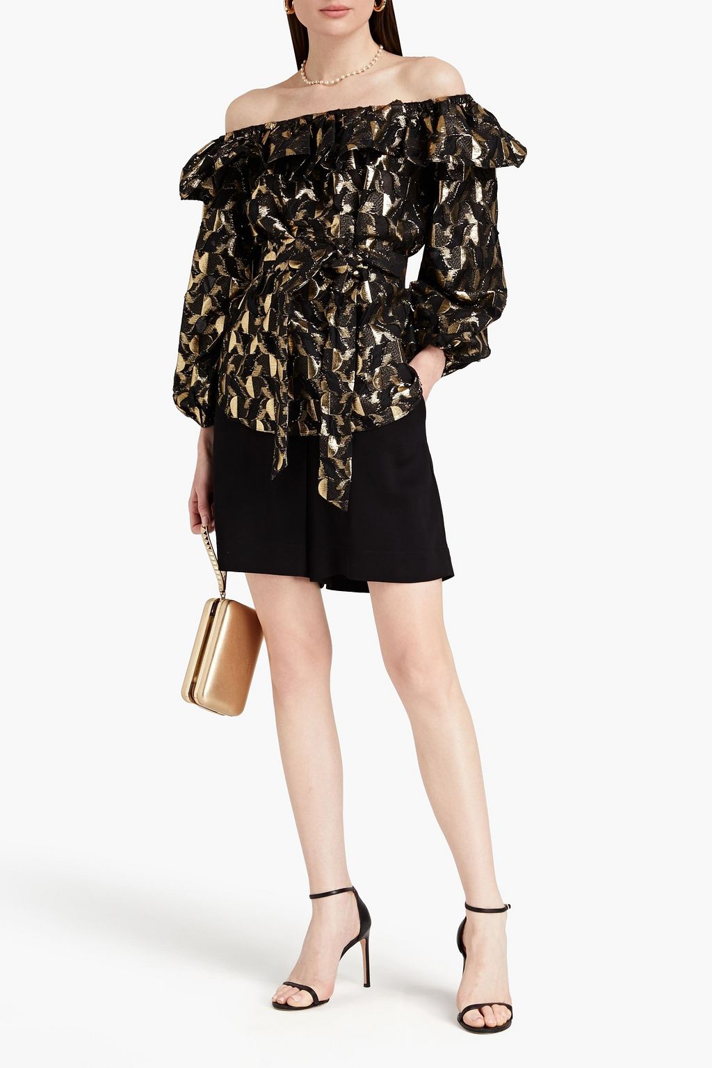 REBECCA VALLANCE Off-the-shoulder belted ruffled metallic jacquard top