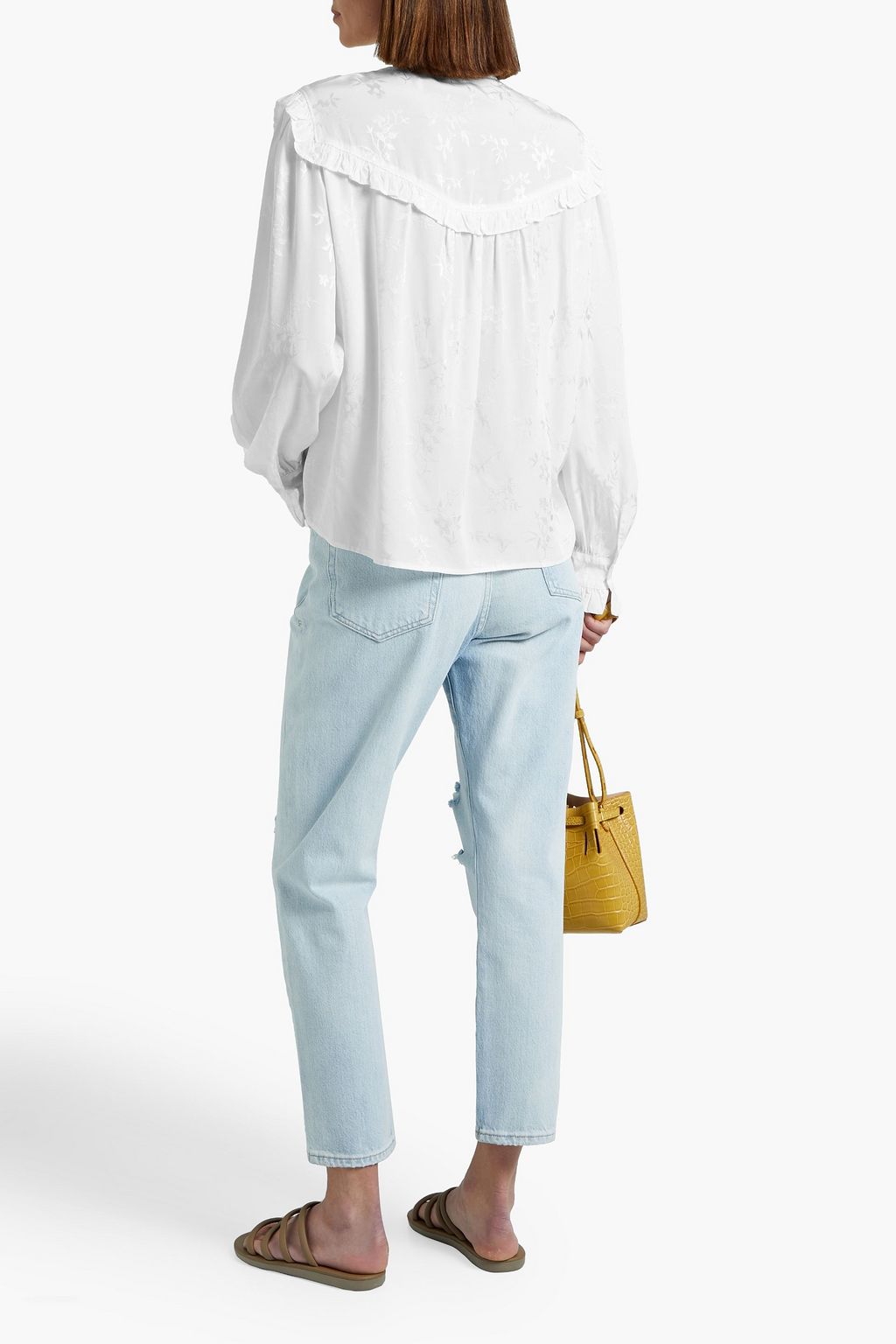 RAQUEL ALLEGRA Ruffle-trimmed satin-jacquard blouse