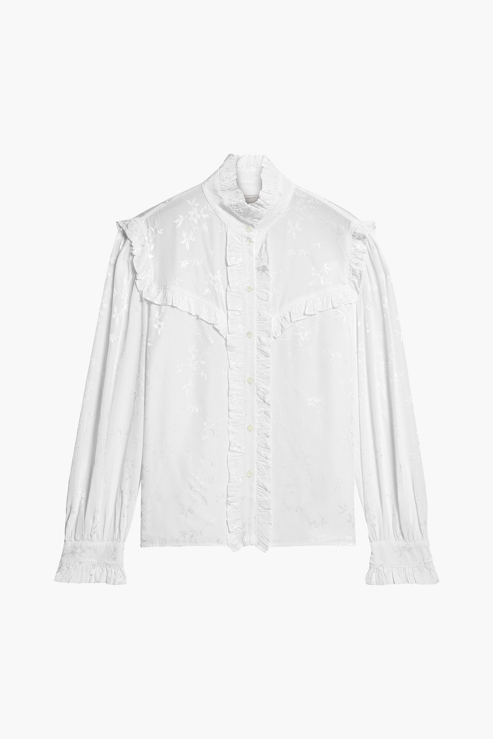 Ruffle-trimmed satin-jacquard blouse