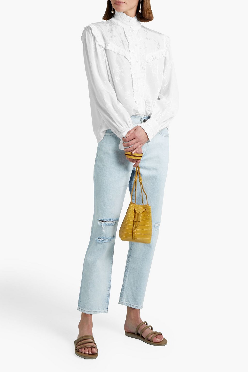 RAQUEL ALLEGRA Ruffle-trimmed satin-jacquard blouse