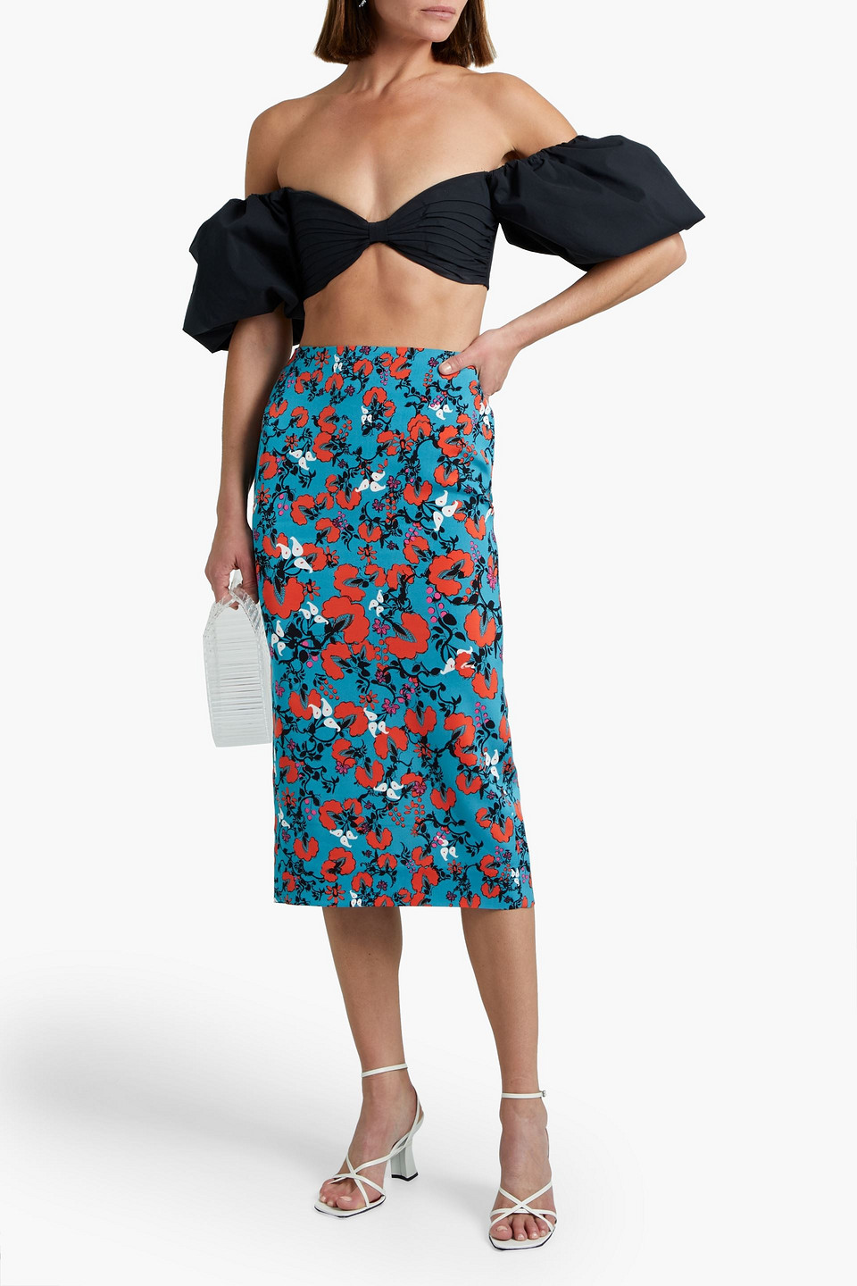 Diane Von Furstenberg Kara Floral-print Cady Midi Skirt In Turquoise