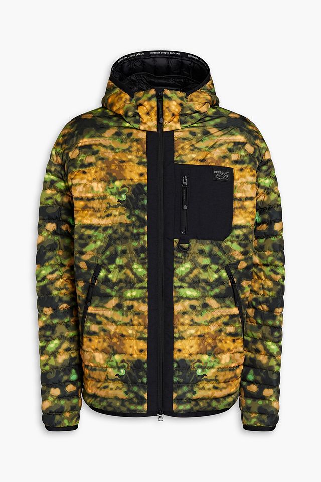 Quilted printed shell hooded down jacket