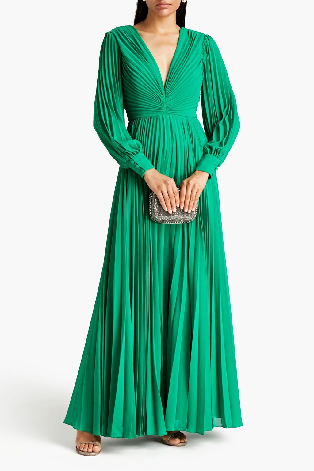 Green Pleated georgette gown | Sale up 