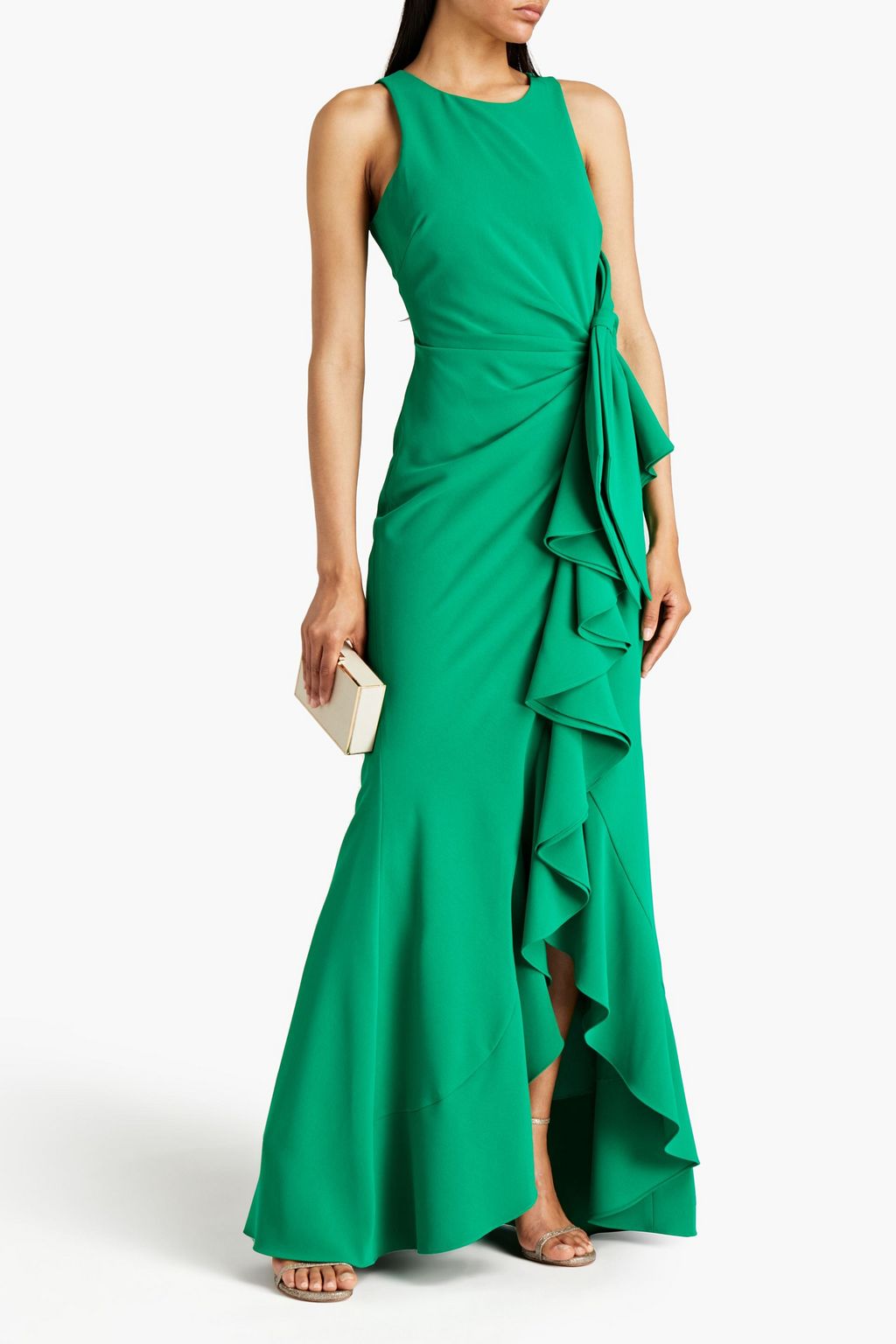 BADGLEY MISCHKA Bow-embellished ruffled crepe gown