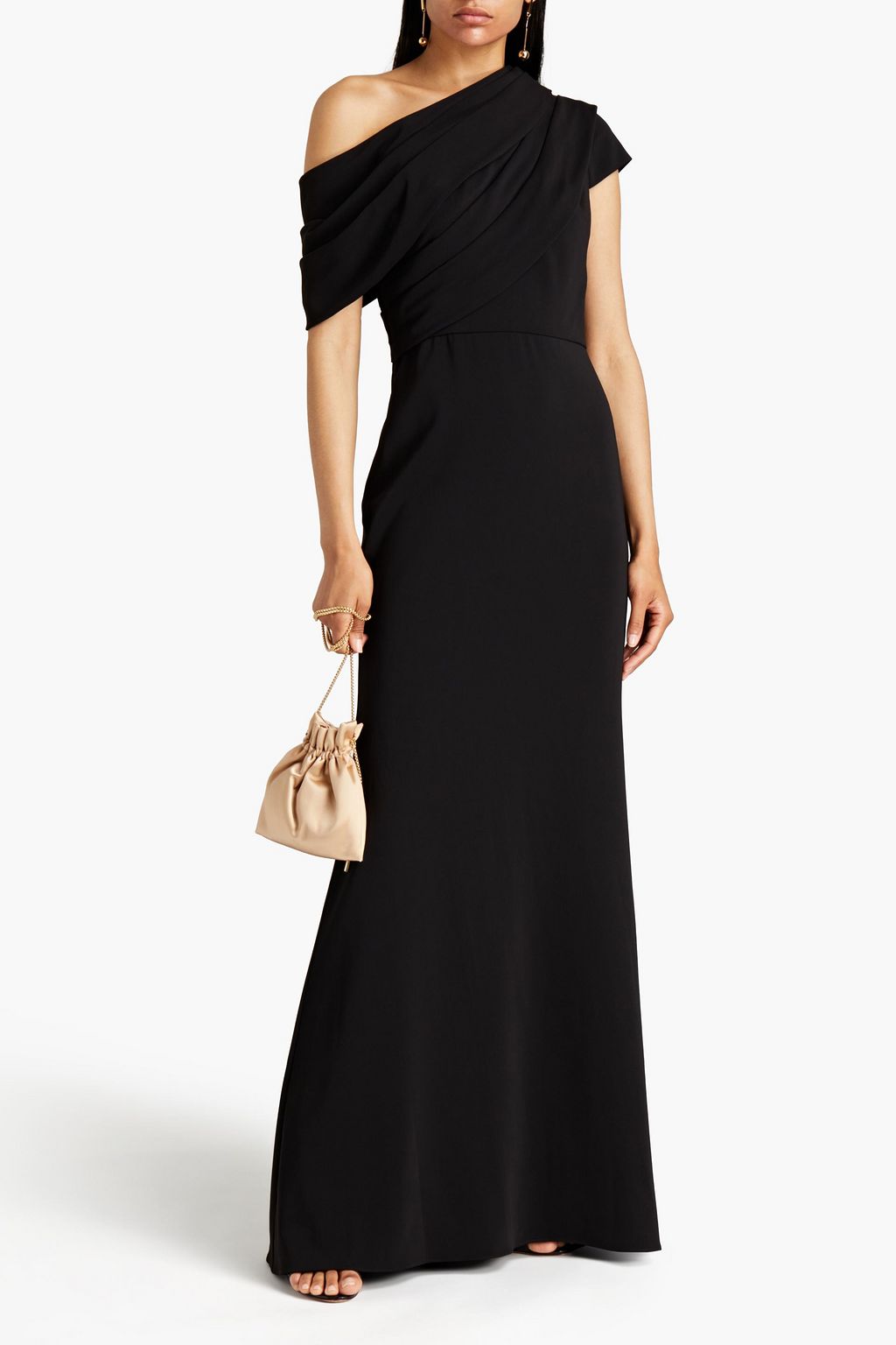 BADGLEY MISCHKA Off-the-shoulder draped crepe gown