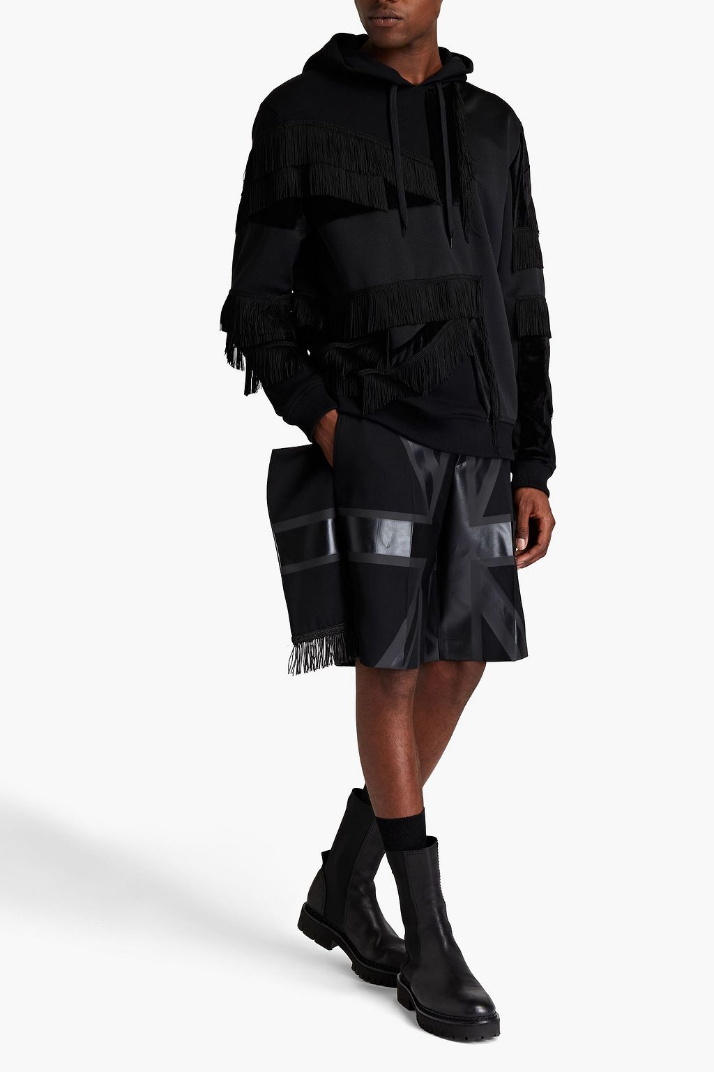 BURBERRY Chenille-paneled fringed French cotton-terry sweatshirt