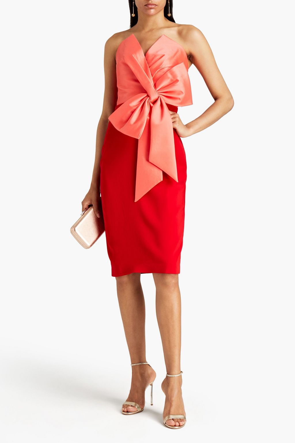 BADGLEY MISCHKA Strapless bow-embellished  mikado-paneled crepe dress