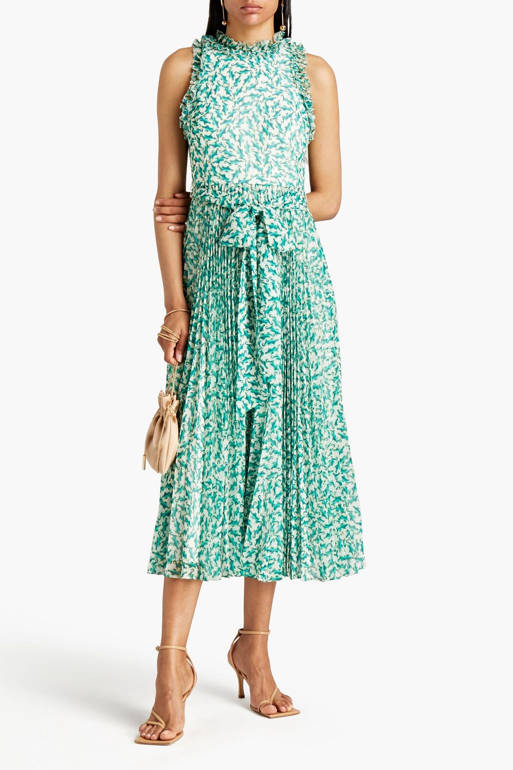 BADGLEY MISCHKA Pleated printed chiffon midi dress