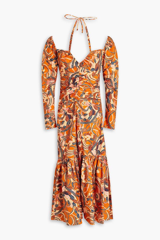 Ruched printed cotton midi dress