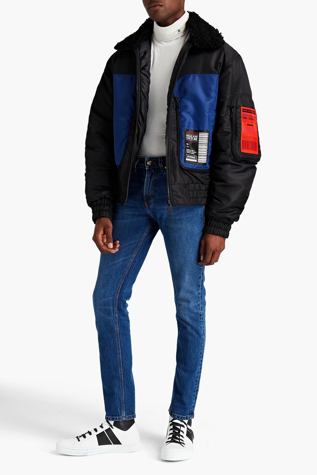 VERSACE JEANS COUTURE Oversized logo-appliquéd color-block shell bomber jacket