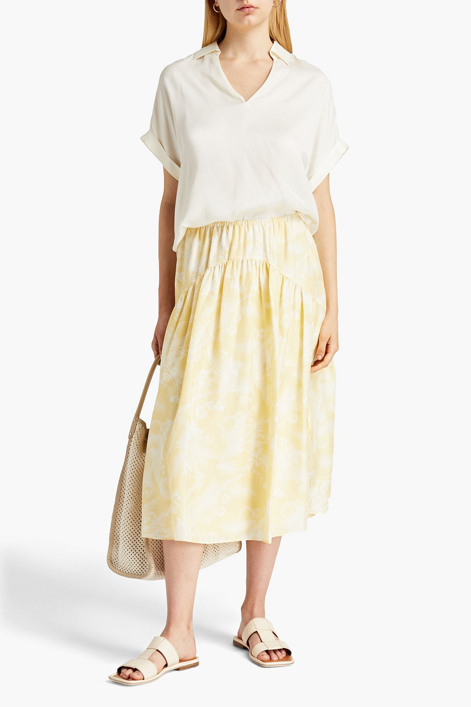 Vince Gathered Printed Silk Midi Skirt In Pastel Yellow