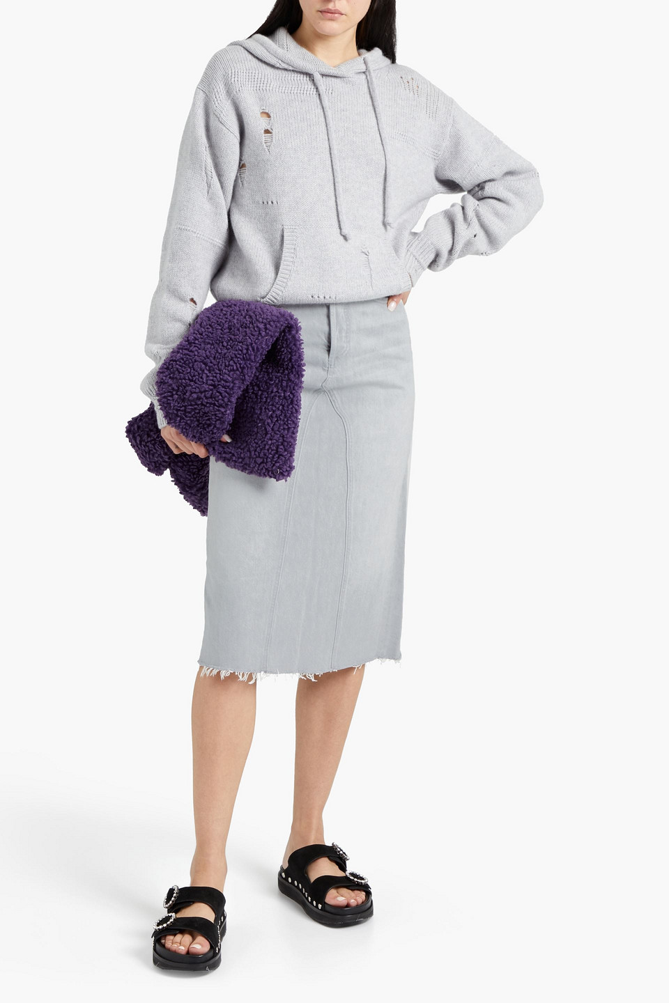 Rag & Bone Faded Denim Midi Skirt In Light Gray