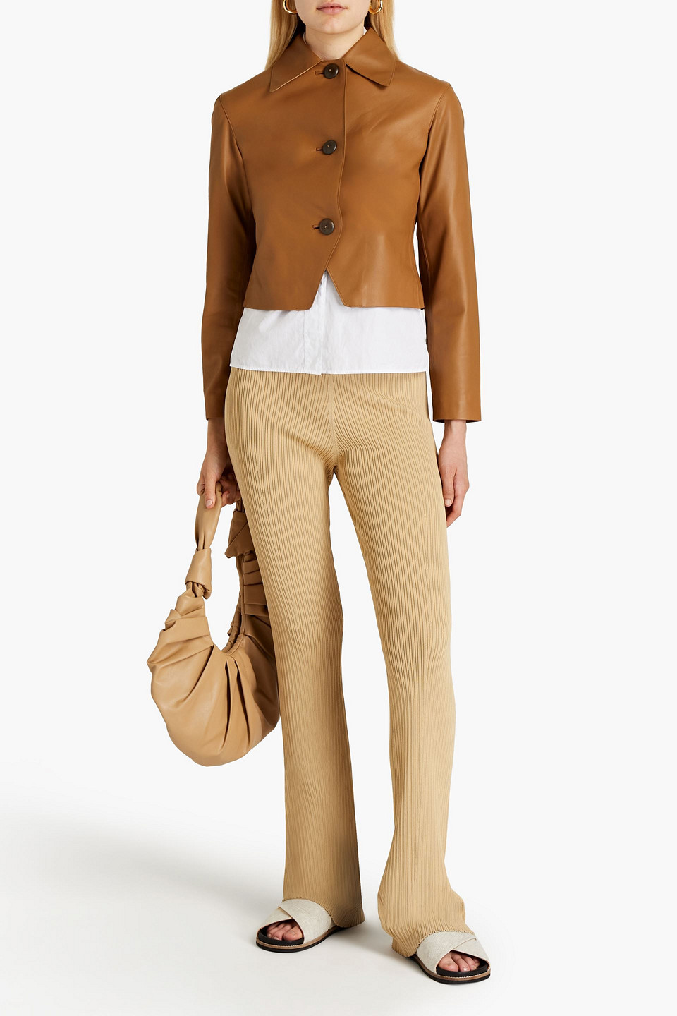 Vince Cropped Leather Jacket In Brown
