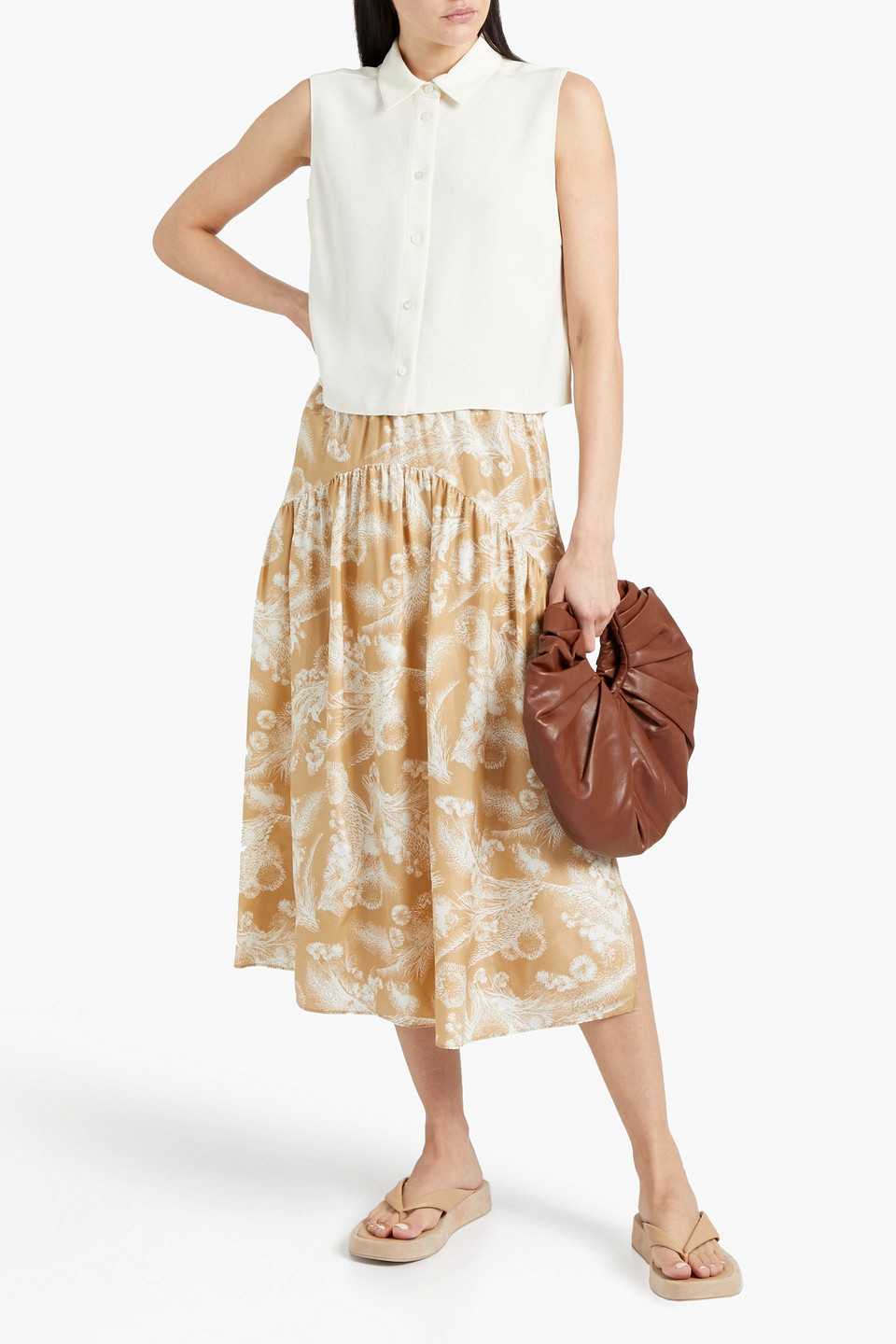 Vince Gathered Printed Silk Midi Skirt In Neutral