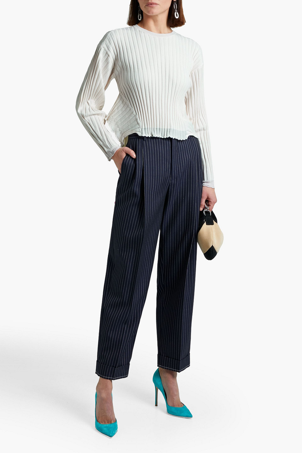 Stella Mccartney Ruffle-trimmed Ribbed Wool-blend Sweater In Ivory