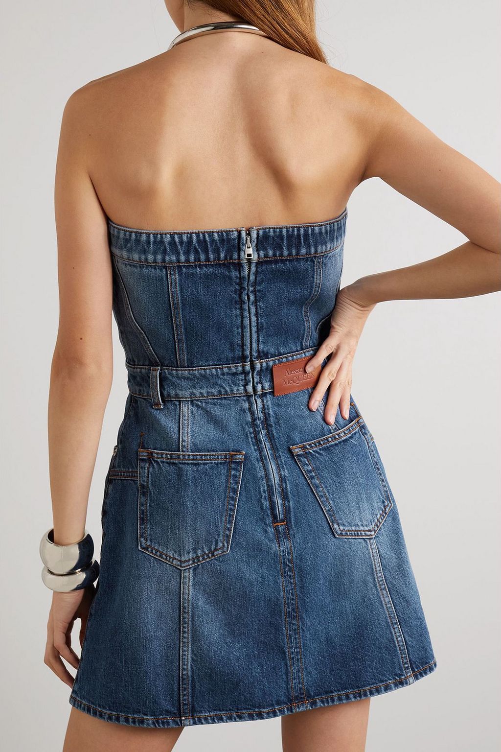 MCQUEEN Strapless denim mini dress