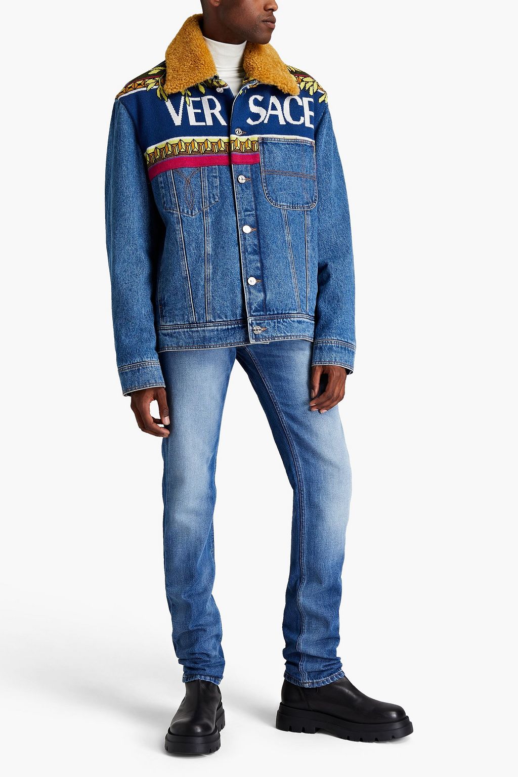 VERSACE Jeansjacke aus Jacquard mit Strickeinsätzen