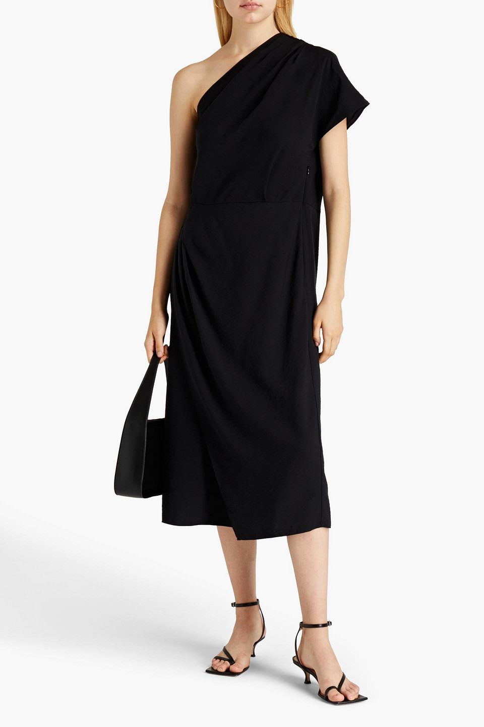 Vince One-shoulder Wrap-effect Twill Midi Dress In Black