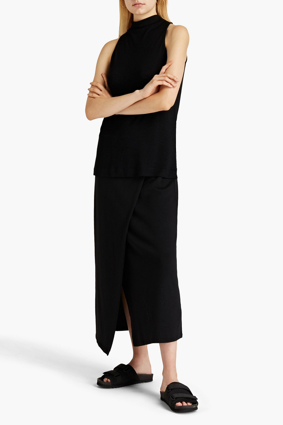 Vince Asymmetric Wrap-effect Knitted Midi Skirt