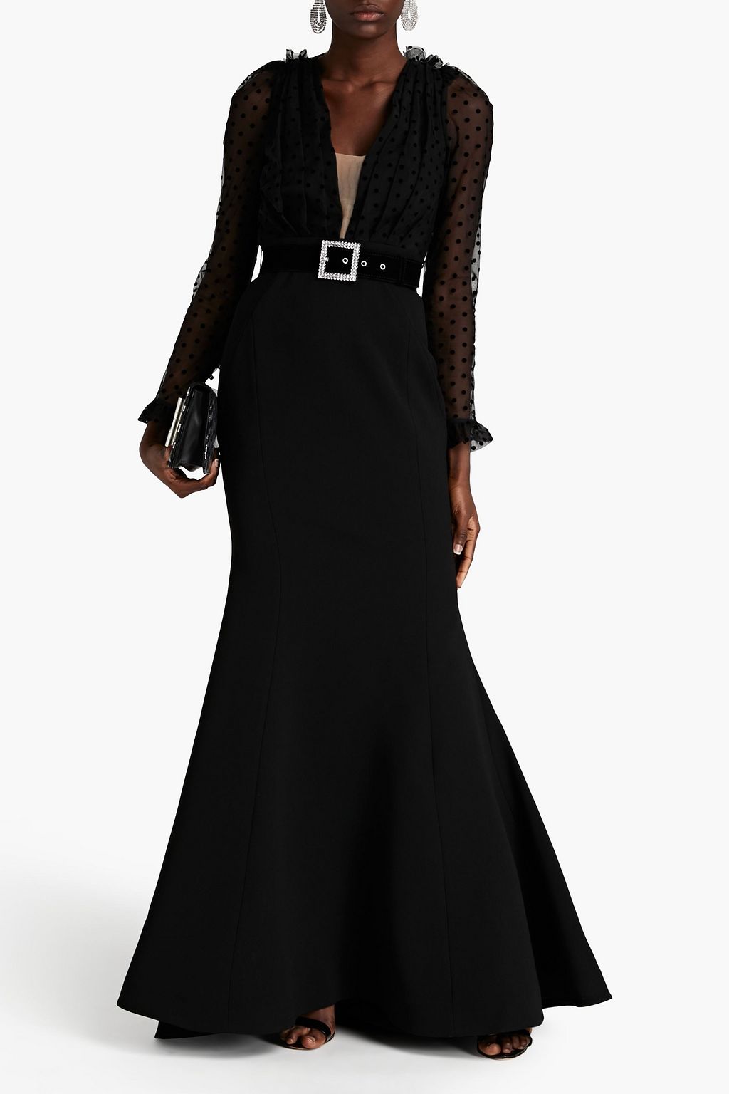 REBECCA VALLANCE Belted flocked tulle and crepe gown